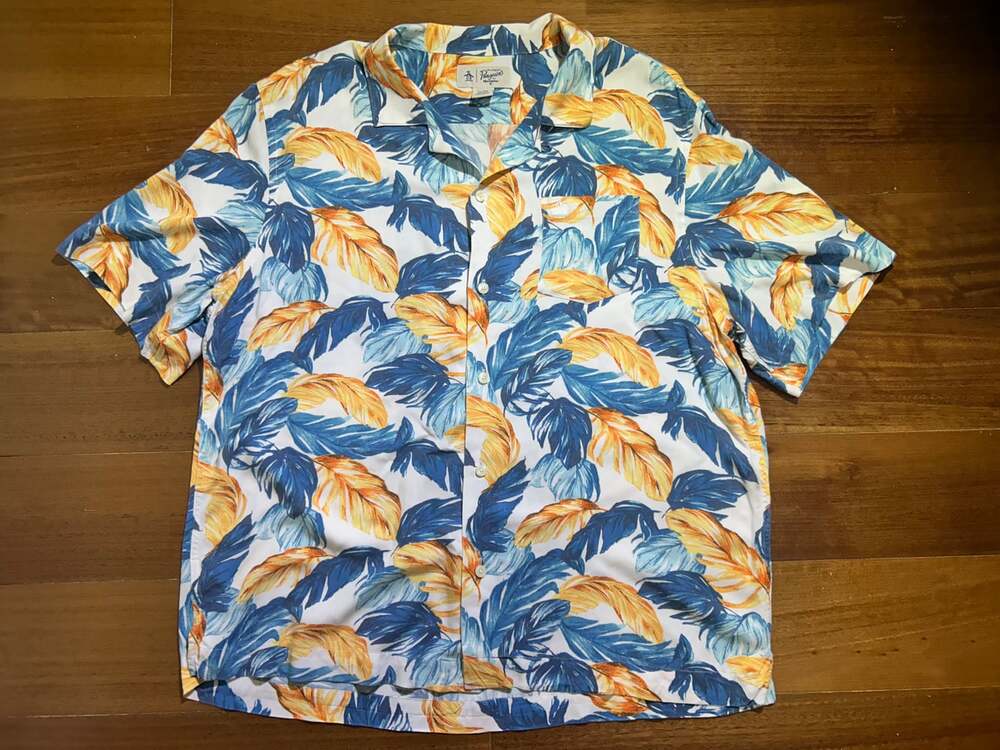 Men’s Original Penguin XXL Tropical Feather Print Shirt - Blue Yellow White